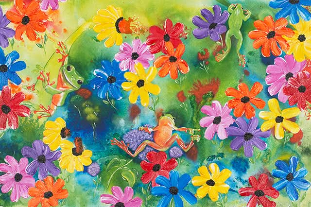 Frogs in Flower Field by Carol Perry