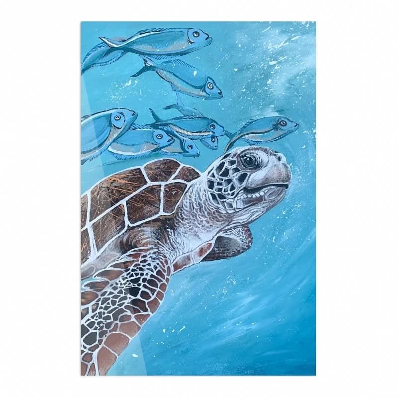 Aqua Turtle with Silver Fish by Louisa-Jane