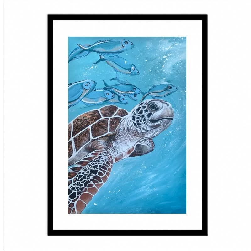 Aqua Turtle with Silver Fish by Louisa-Jane
