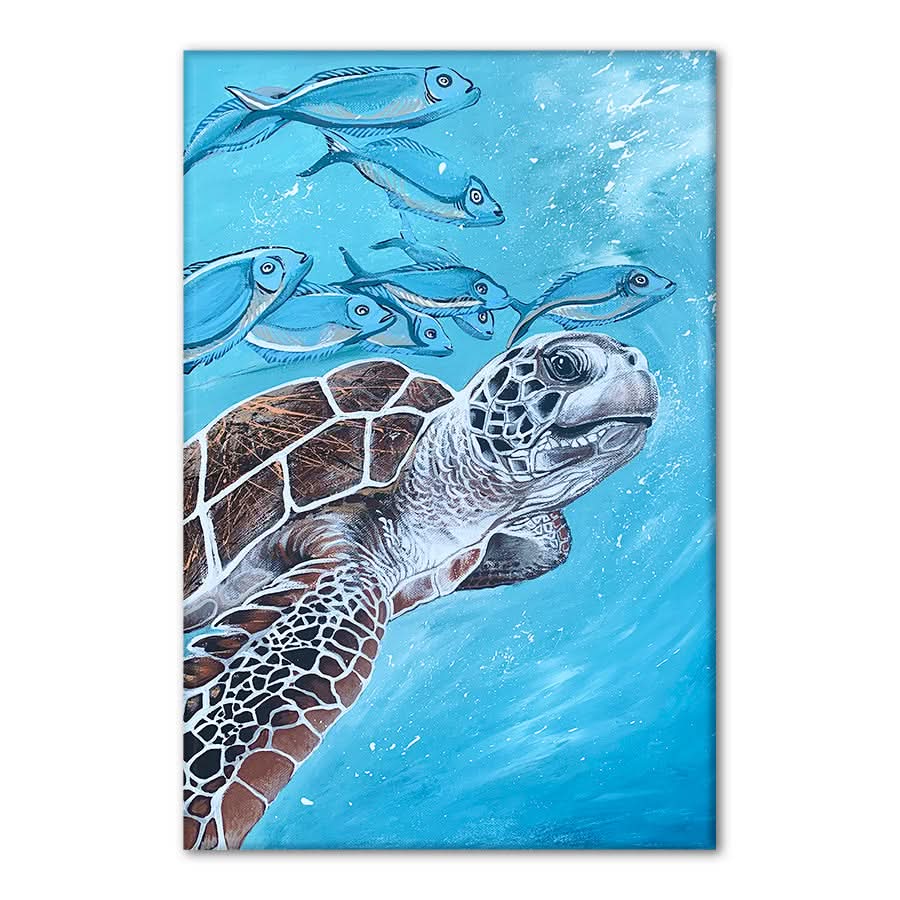 Aqua Turtle with Silver Fish by Louisa-Jane