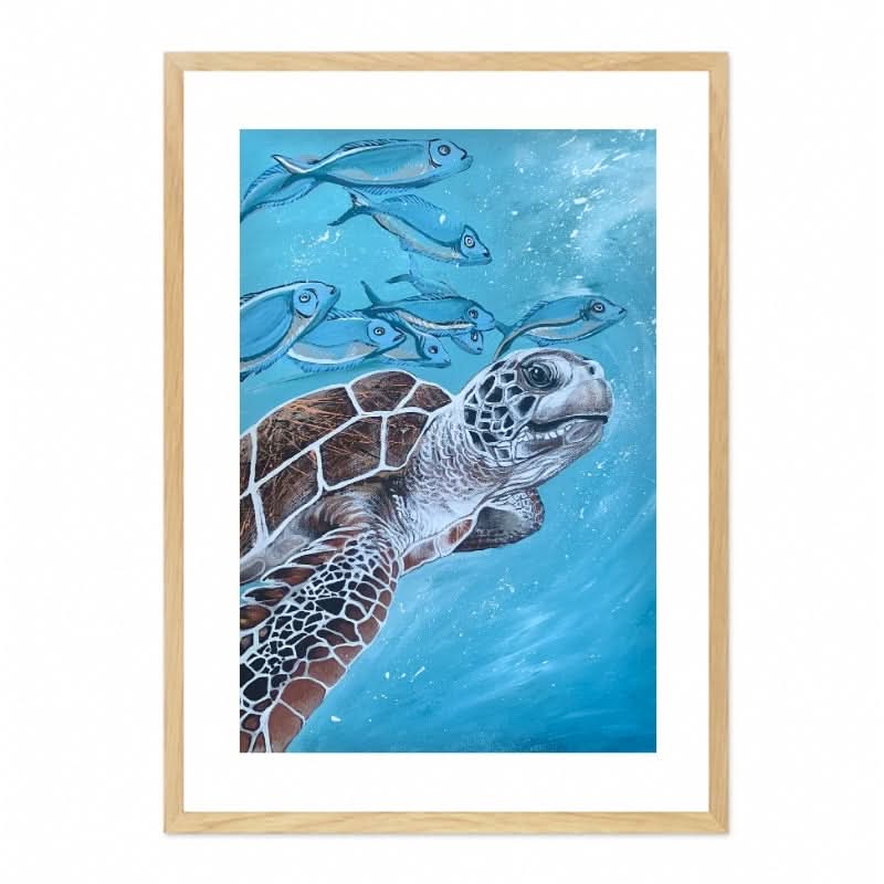 Aqua Turtle with Silver Fish by Louisa-Jane