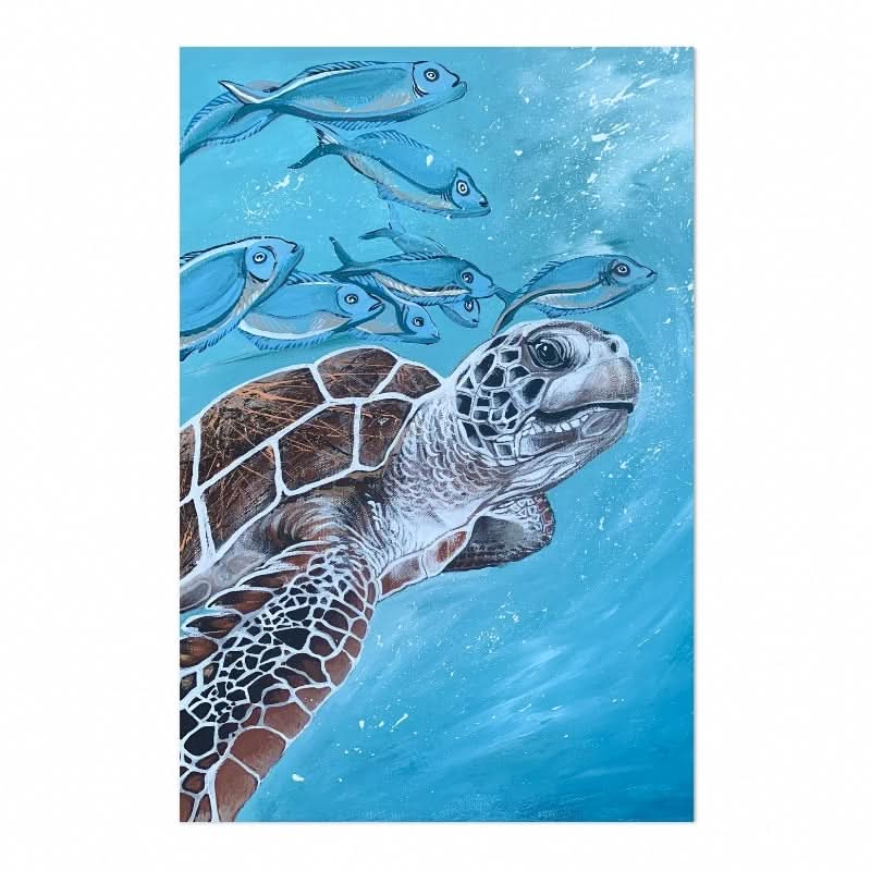 Aqua Turtle with Silver Fish by Louisa-Jane