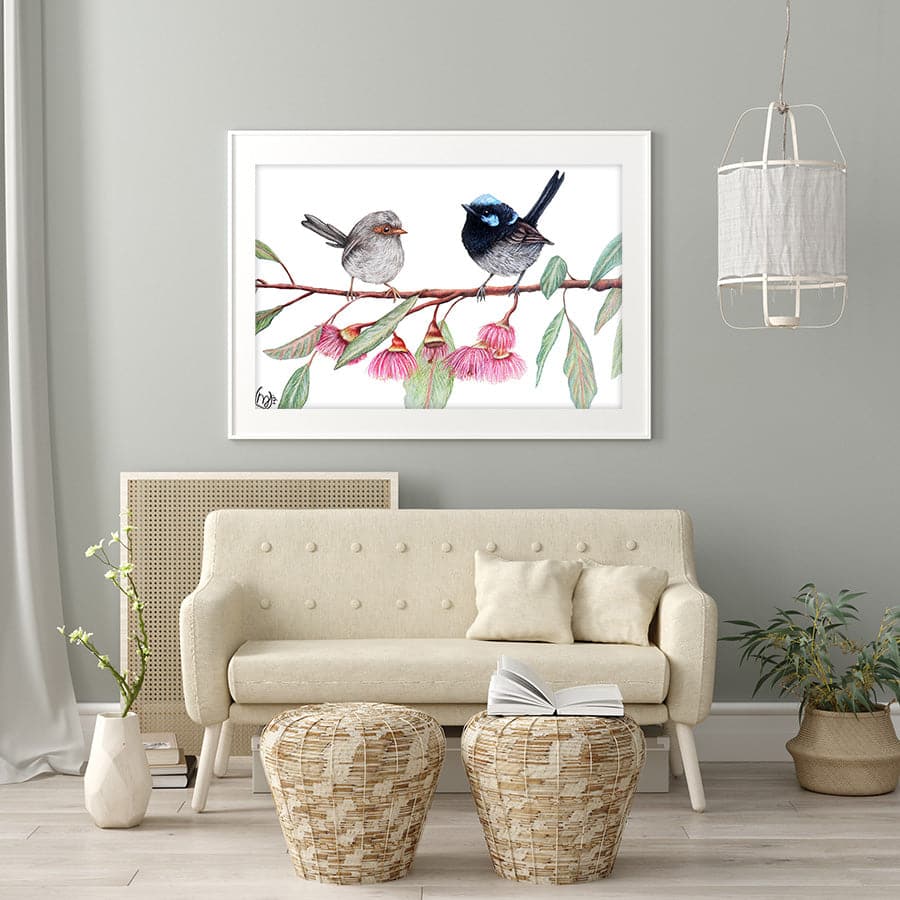 Fairy Wrens with Eucalyptus Blossoms by Mollie Lennon