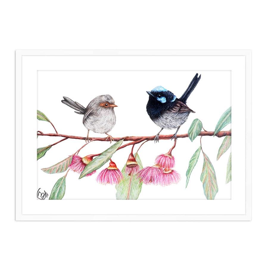 Fairy Wrens with Eucalyptus Blossoms by Mollie Lennon